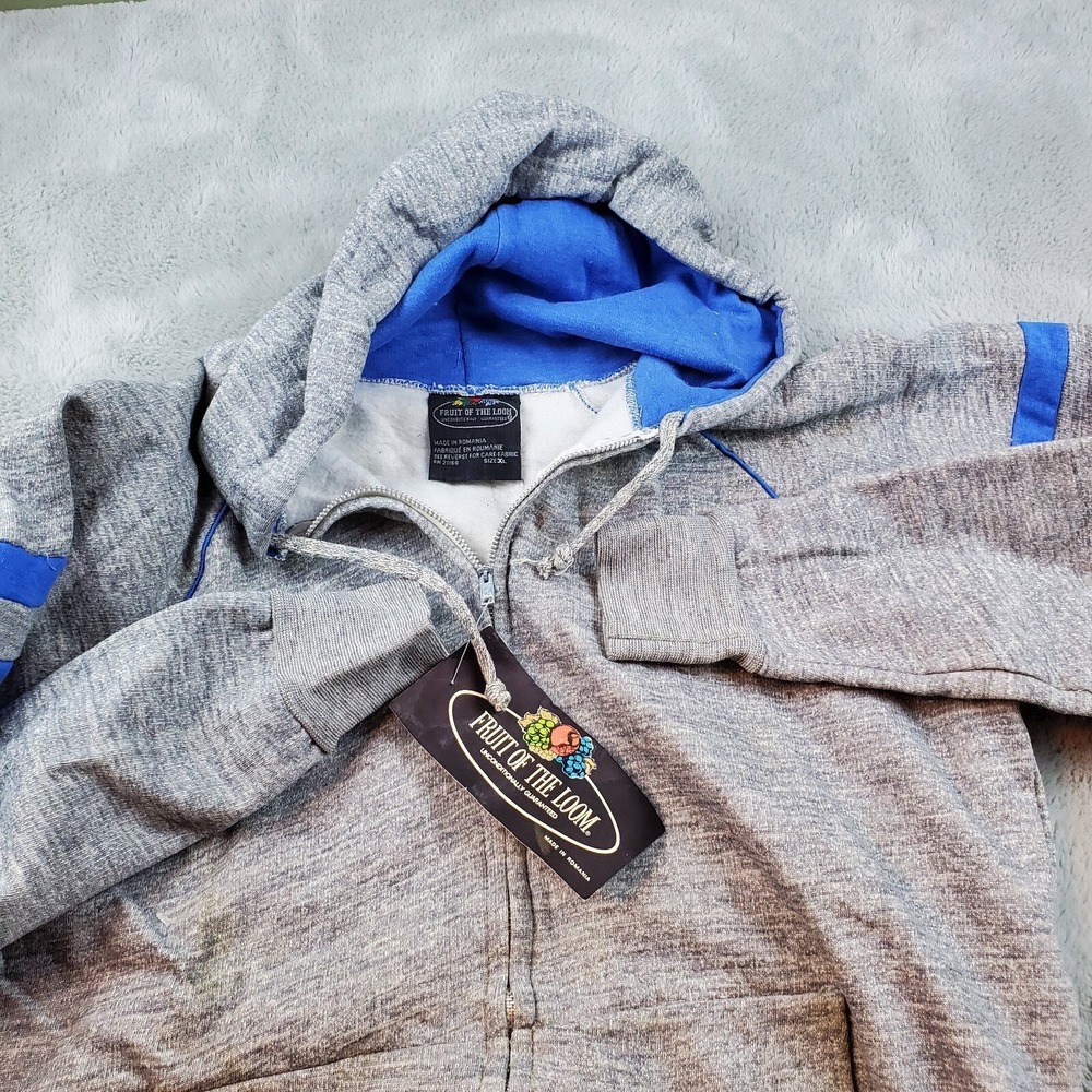 Vintage Fruit of the Loom‎ Hoodie Mens XL Full Zip Raglan Athletic Striped Gray
